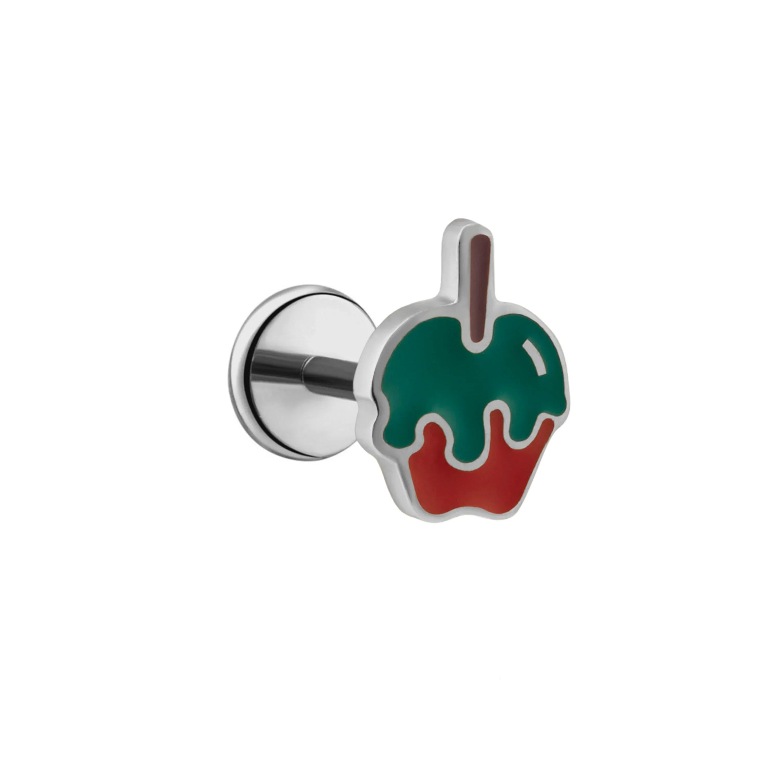 Silver and enamel flat back stud shaped like a bright red apple on a stick with green poison good coated over the top.