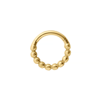 Close up of a clicker-style hoop featuring a bubble-like metal pattern on the bottom 3/4 of the hoop. Designed for Daith or Septum piercings, and made from ASTM F136 Implant-Grade Titanium, finished with 18K Gold PVD plating