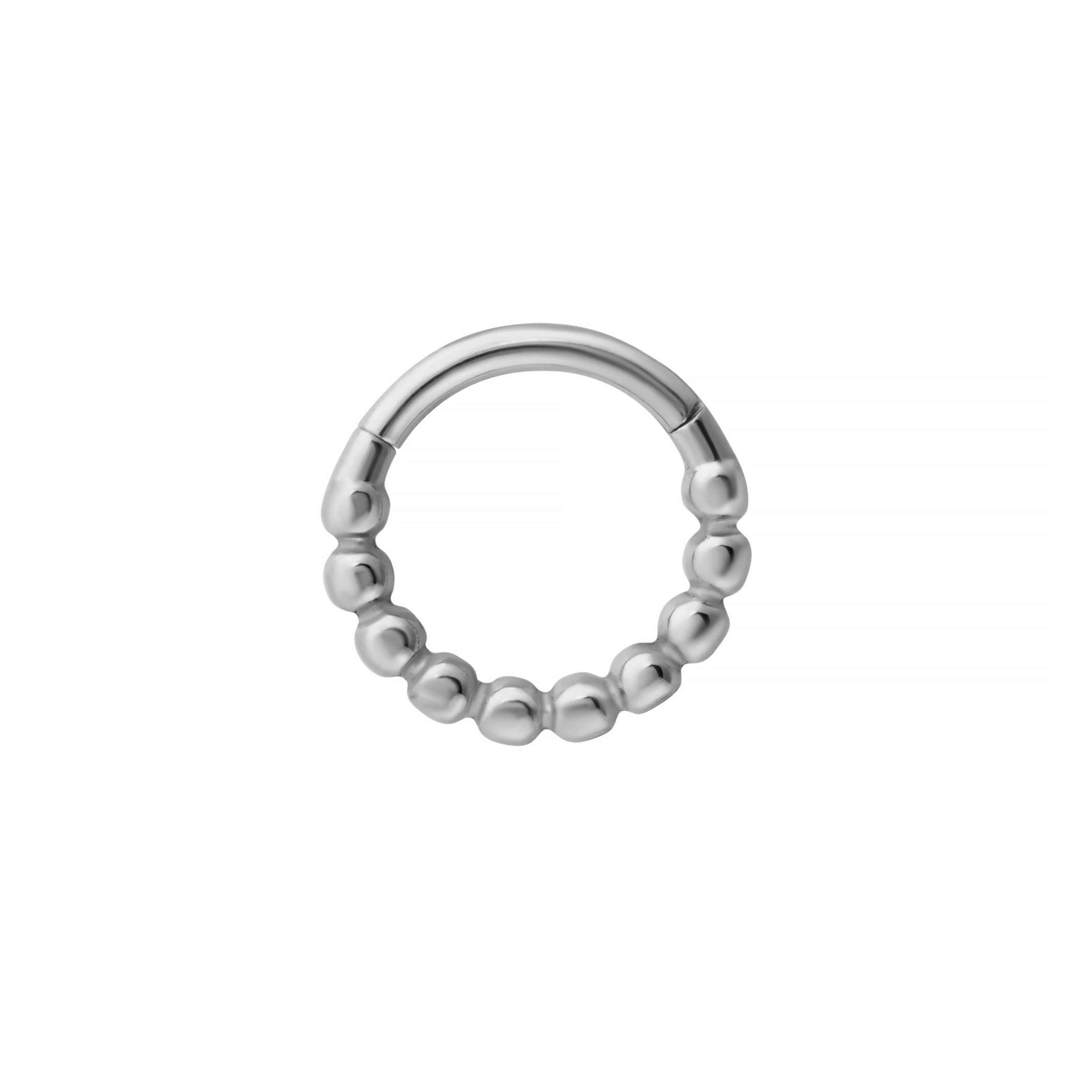 Close up of a clicker-style hoop featuring a bubble-like metal pattern on the bottom 3/4 of the hoop. Designed for Daith or Septum piercings, and made from ASTM F136 Implant-Grade Titanium.