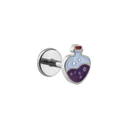 Silver flat back stud earring with a corked bubbly potion bottle design made from purple, brown, light blue, and white enamel, on a white background