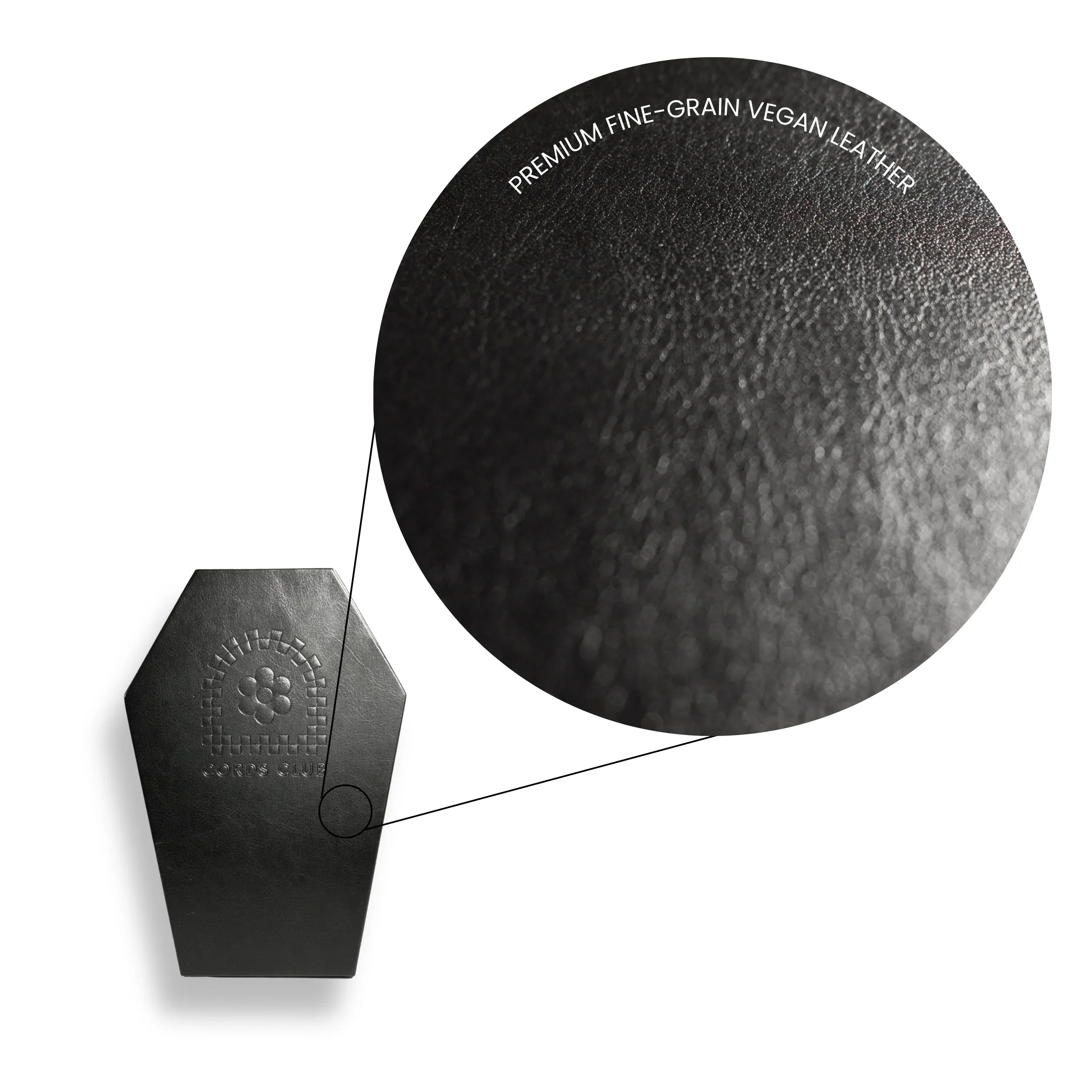 Close-up of a black vegan leather product with texture details on a white background