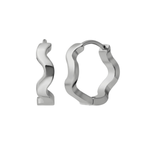 A close up of a pair of hoop earrings that feature a wavy, rippled design. Hoops are made from ASTM F136 Implant Grade Titanium.