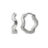 A close up of a pair of hoop earrings that feature a wavy, rippled design. Hoops are made from ASTM F136 Implant Grade Titanium.