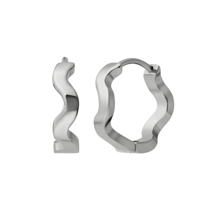A close up of a pair of hoop earrings that feature a wavy, rippled design. Hoops are made from ASTM F136 Implant Grade Titanium.