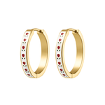 Gold hoop earrings with red rose designs on a white background
