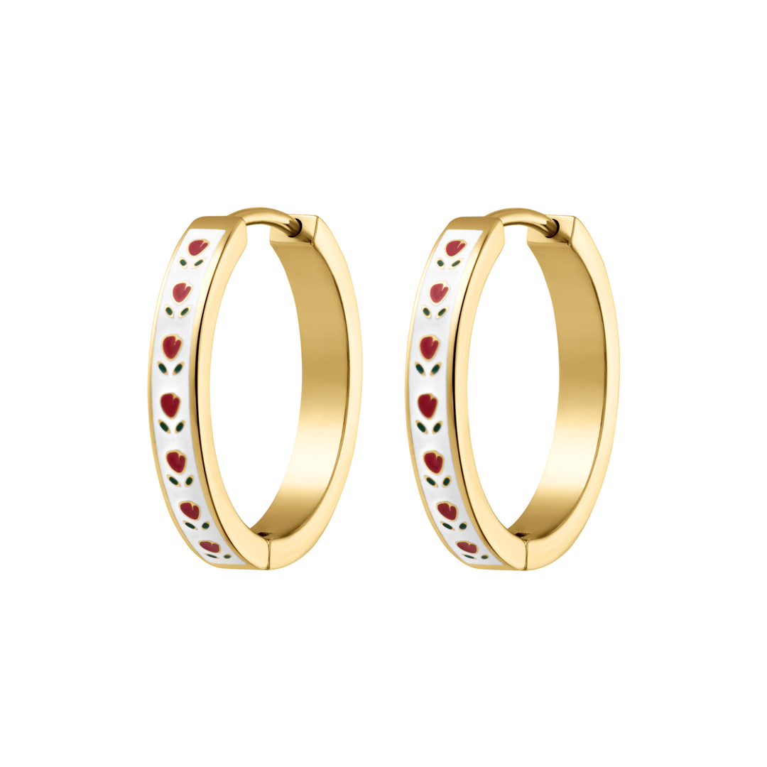 Gold hoop earrings with red rose designs on a white background