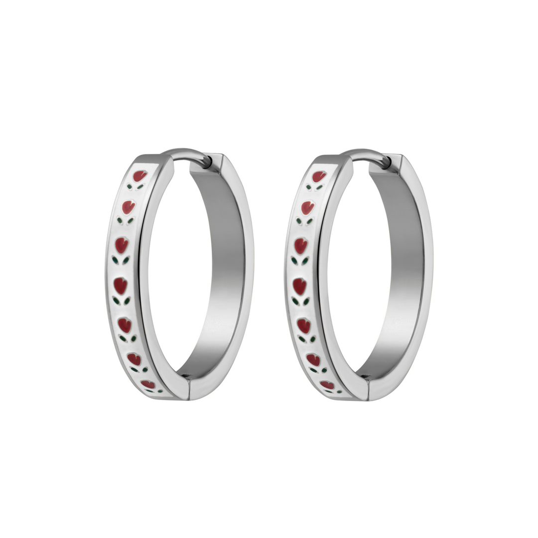 Silver hoop earrings with red rosebud patterns on a white background