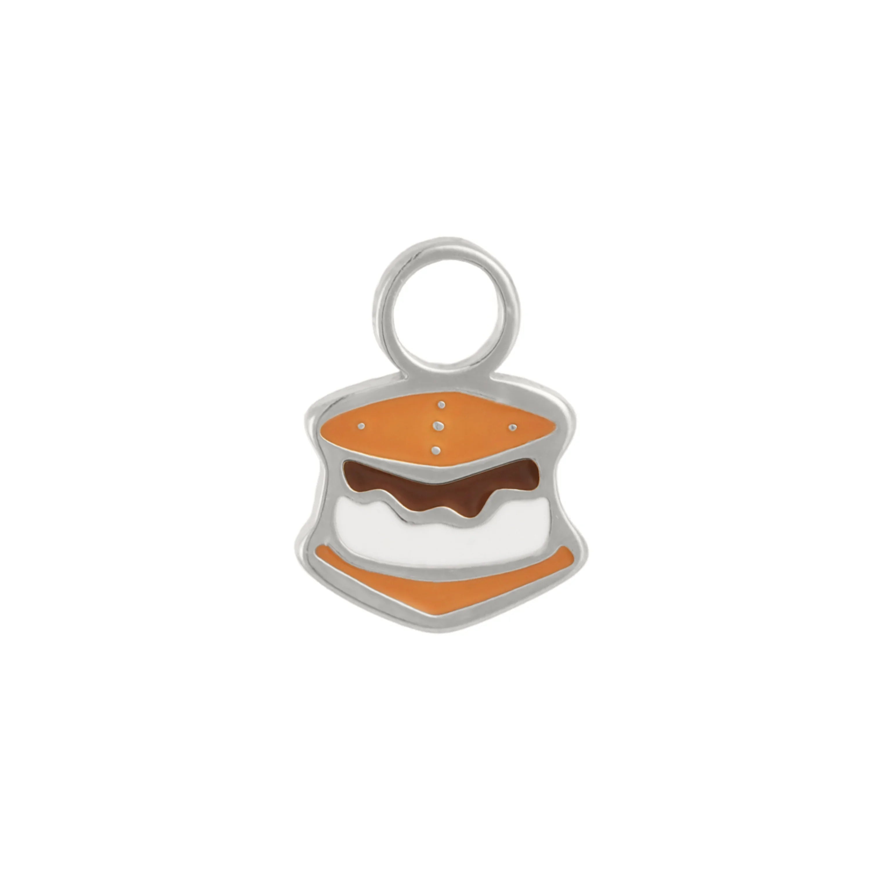 Silver, brown, and white enamel hoop charm that looks like a s'more, on a white background.