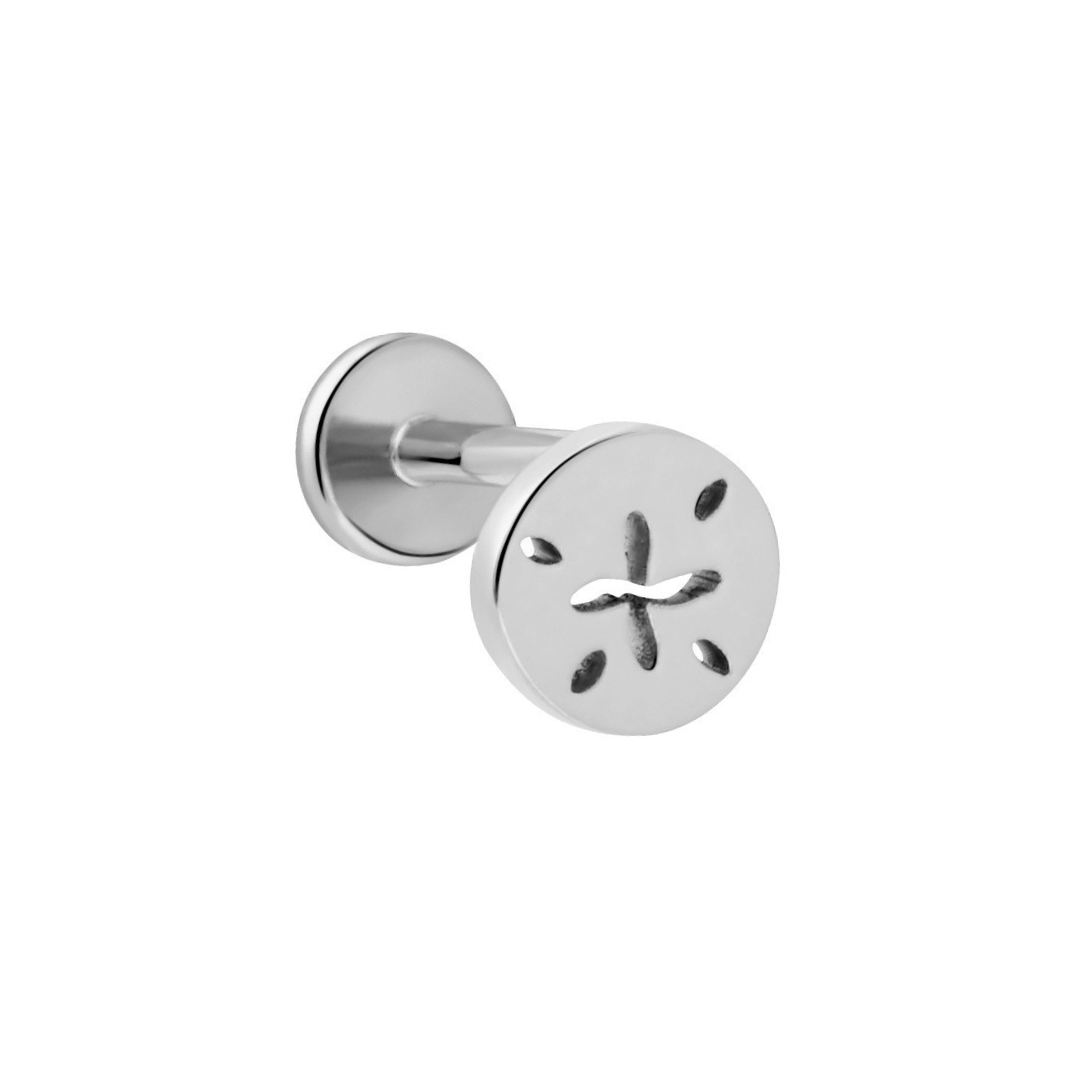 Silver titanium sand dollar-shaped flat back stud earring.