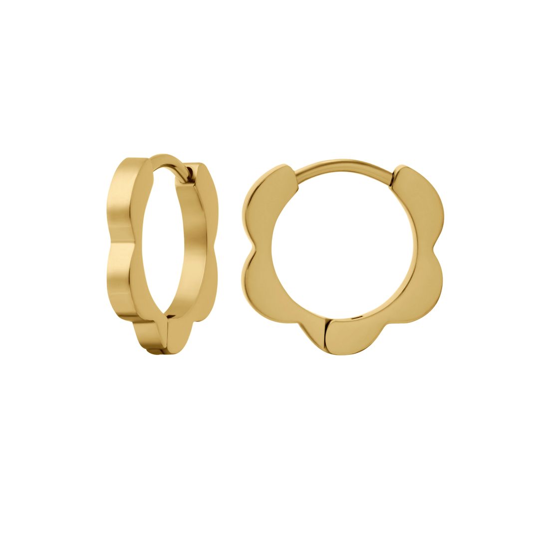 A close up of a hoop earring with a softly scalloped edge resembling a daisy, made from 18k gold-plated titanium metal, on a white background