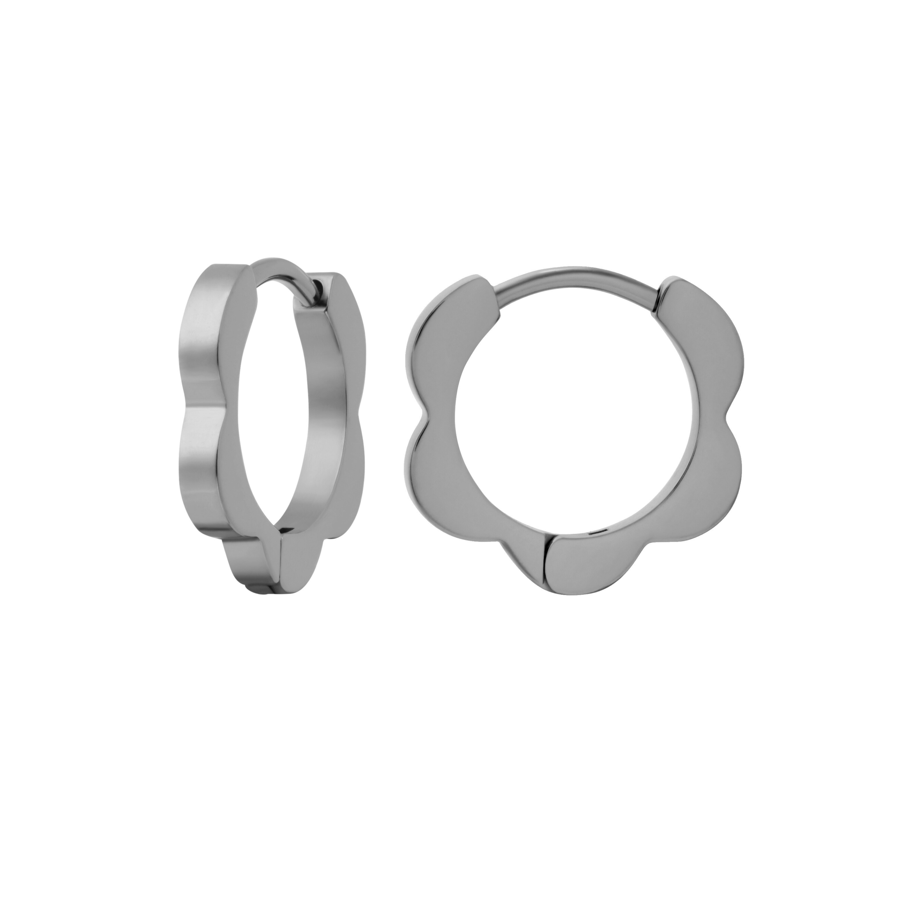 A close up of a hoop earring with a softly scalloped edge resembling a daisy, made from titanium metal, on a white background