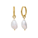 Gold hoop earrings with baroque-shaped pearls on a white background