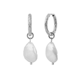 Silver hoop earrings with baroque-shaped pearls on a white background