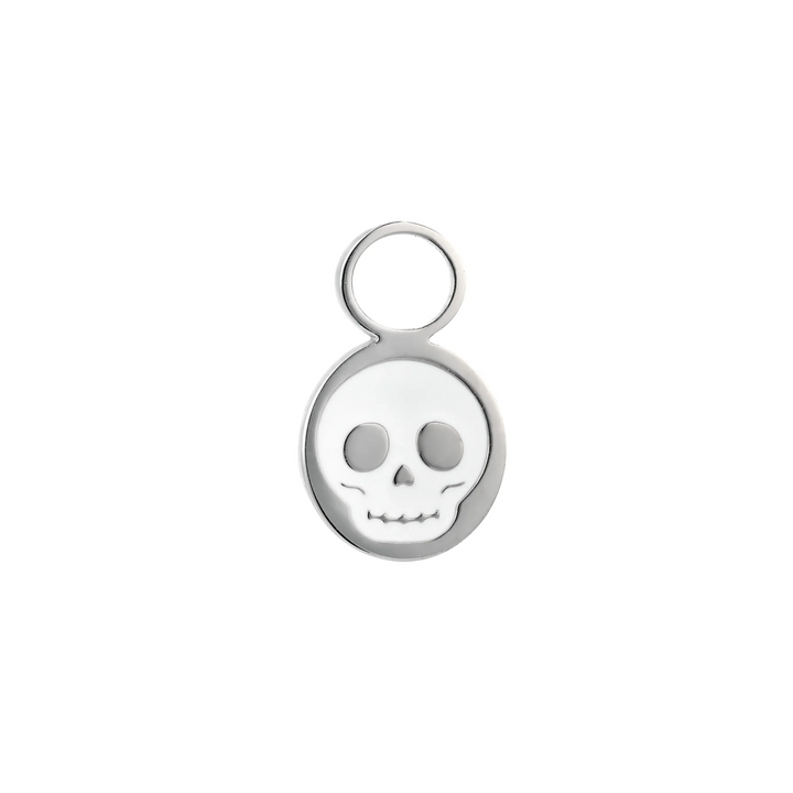Silver hoop charm with a white enamel skull design on a white background