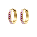 Gold hoop earrings with red heart designs on a white background