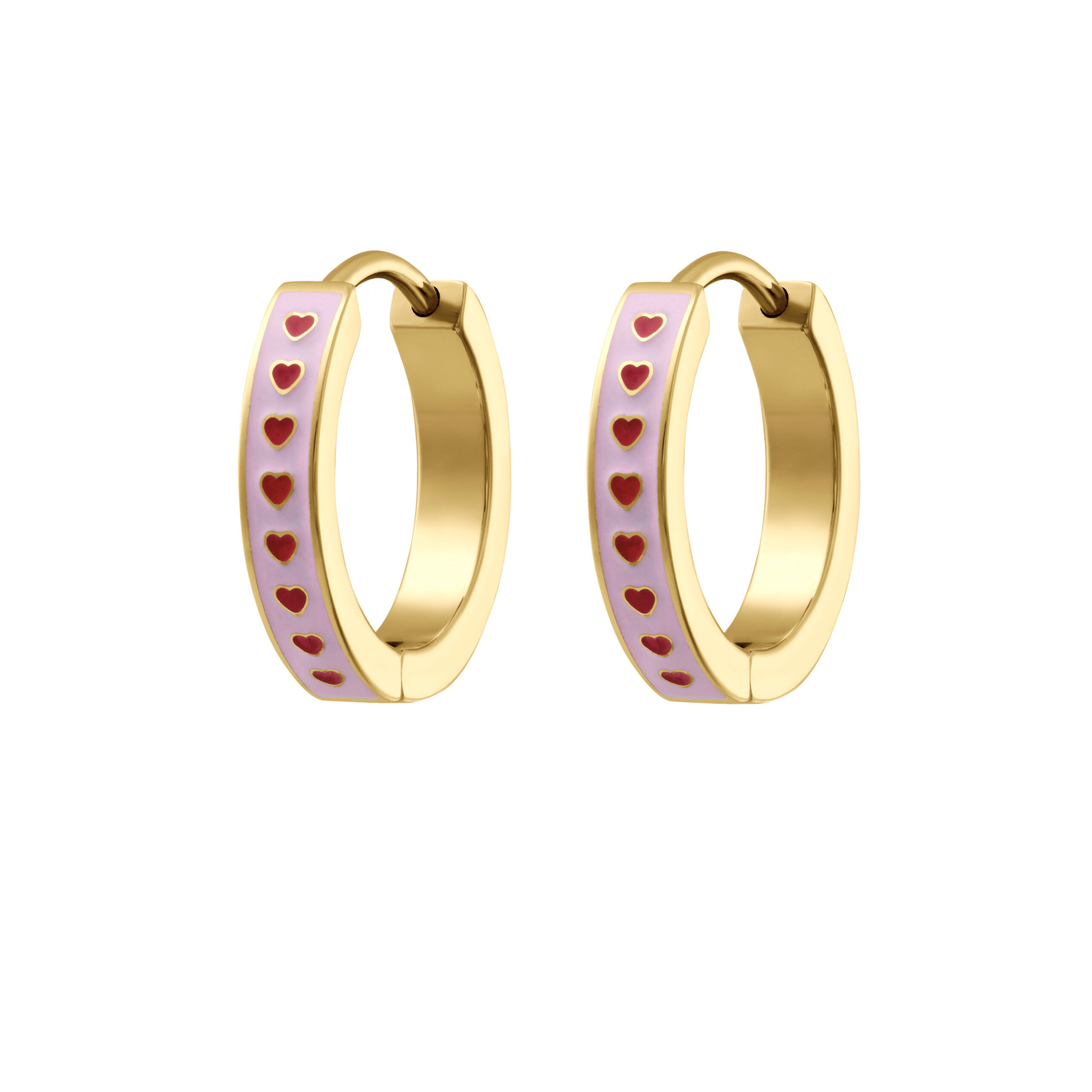 Gold hoop earrings with red heart designs on a white background