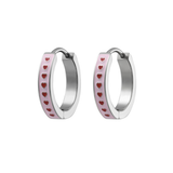Silver hoop earrings with pink enamel and red heart stones on a white background