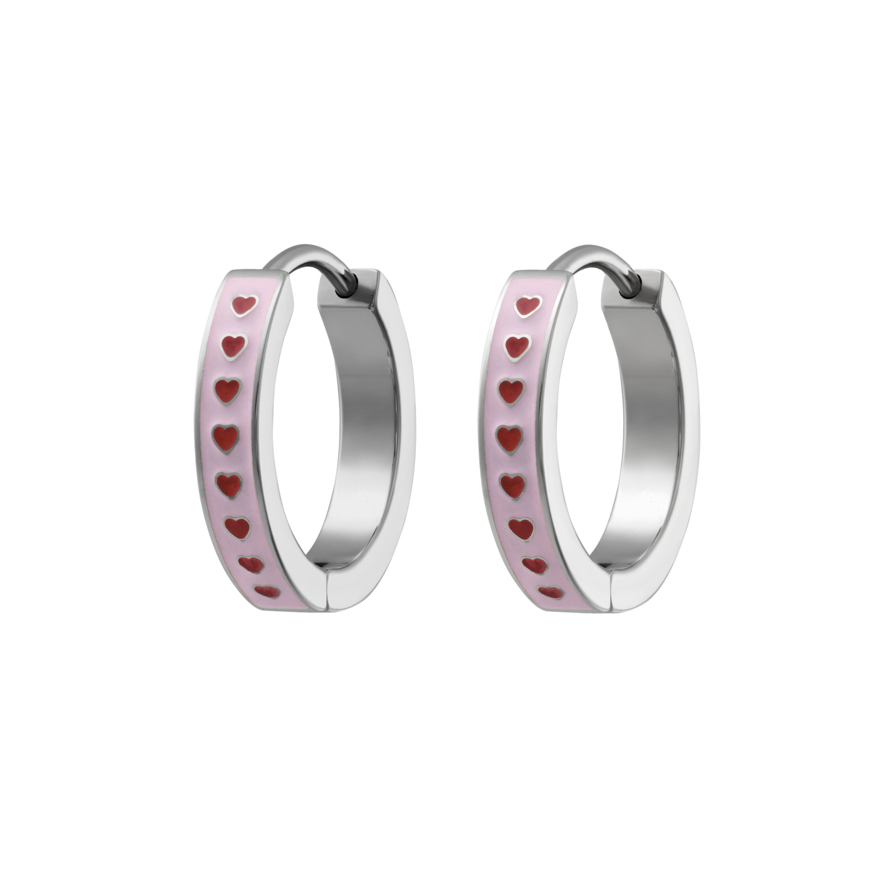 Silver hoop earrings with pink enamel and red heart stones on a white background