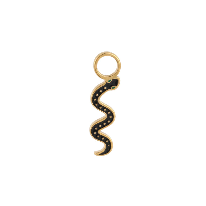 Gold snake-shaped hoop charm with green accents on a white background