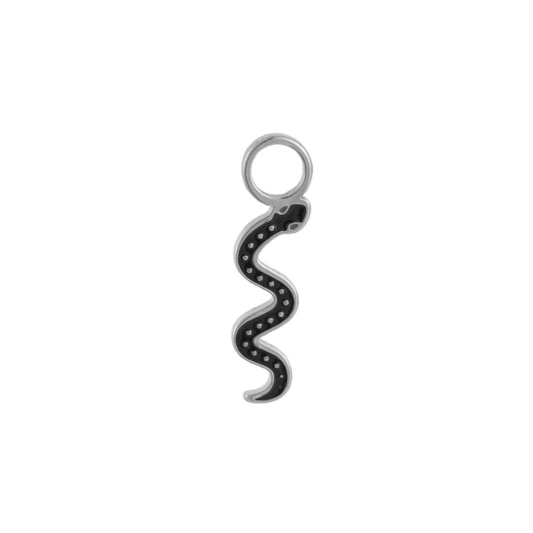 Silver snake-shaped hoop charm with green accents on a white background