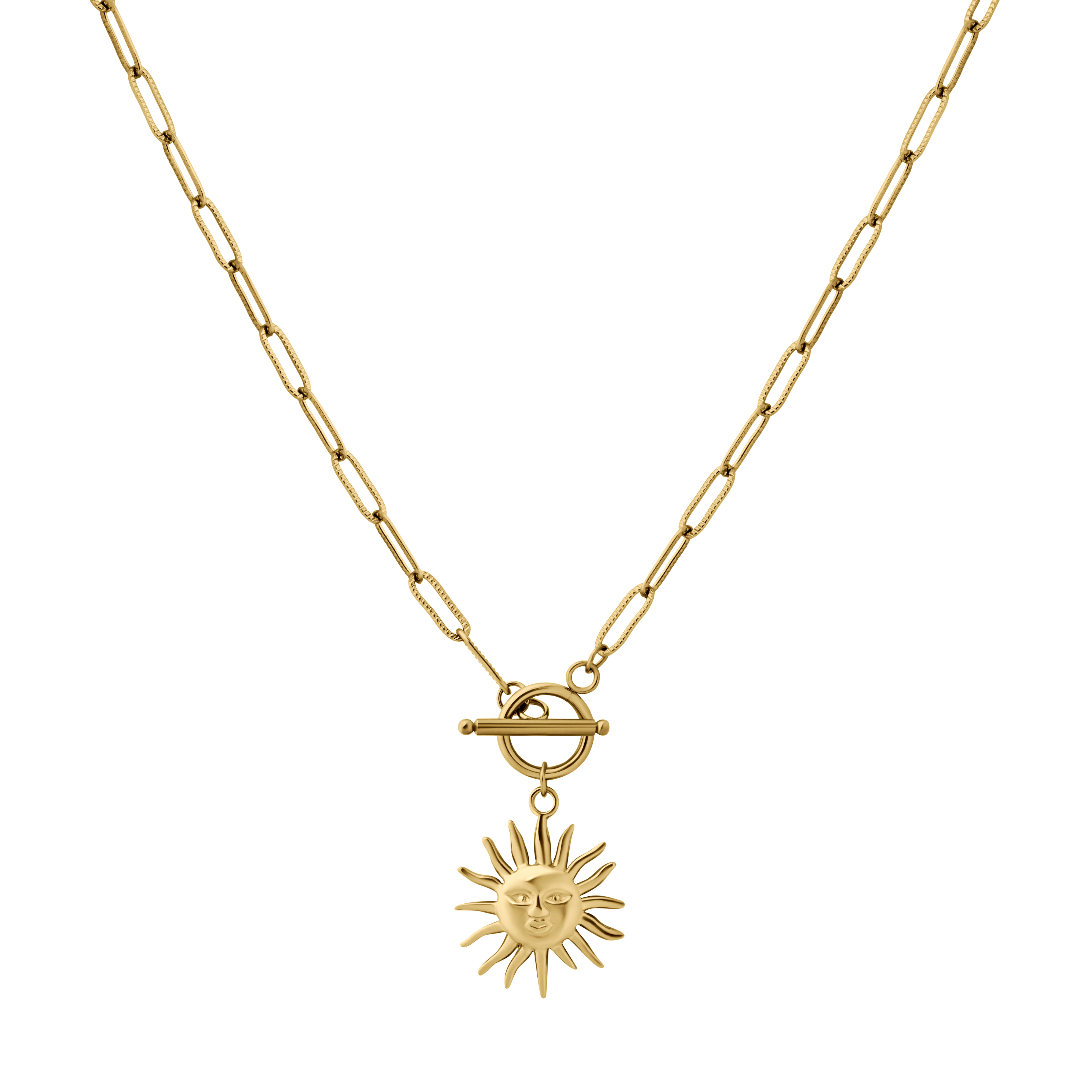 Gold toggle clasp necklace with a sun pendant on a white background