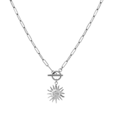 Silver toggle clasp necklace with a sun pendant on a white background