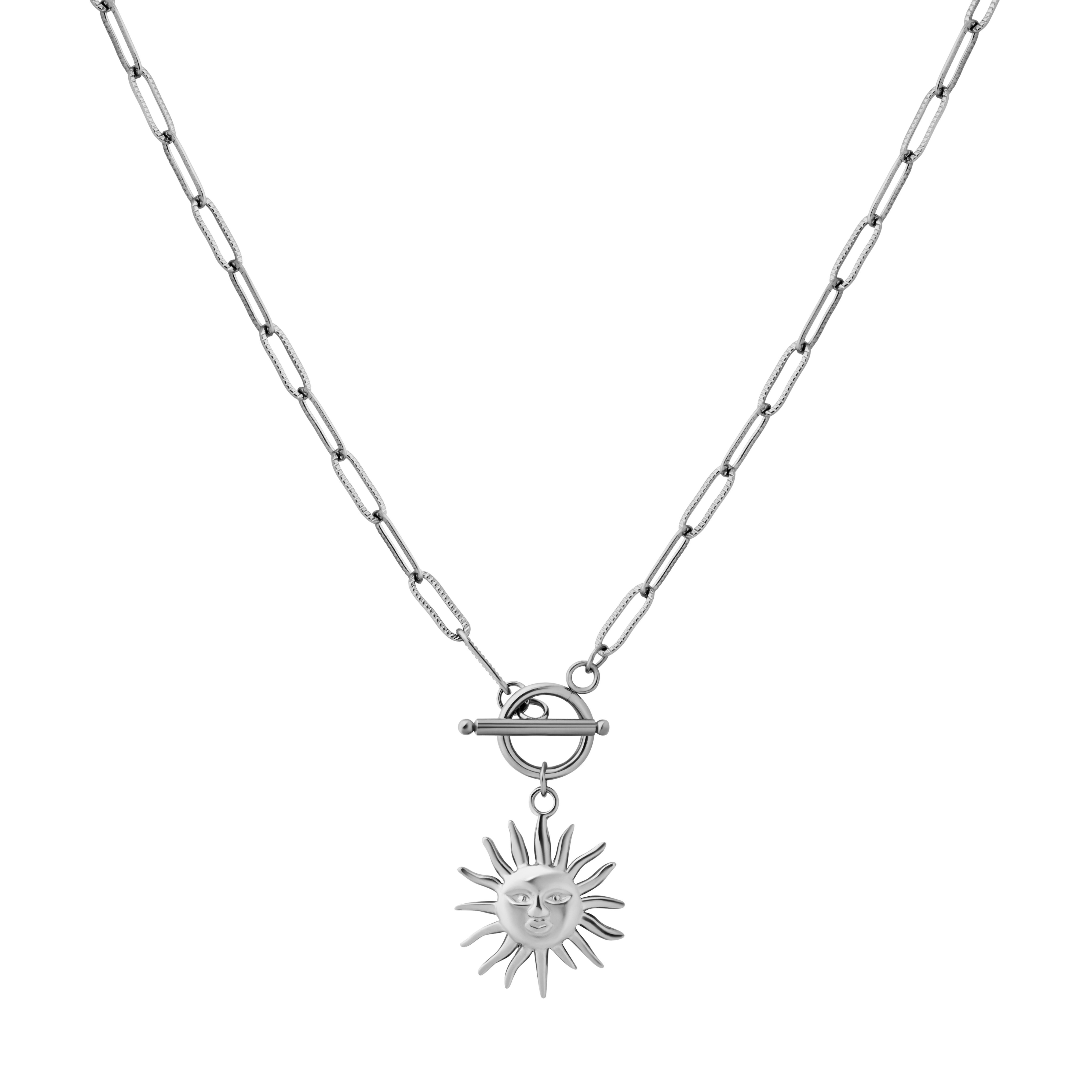 Silver toggle clasp necklace with a sun pendant on a white background