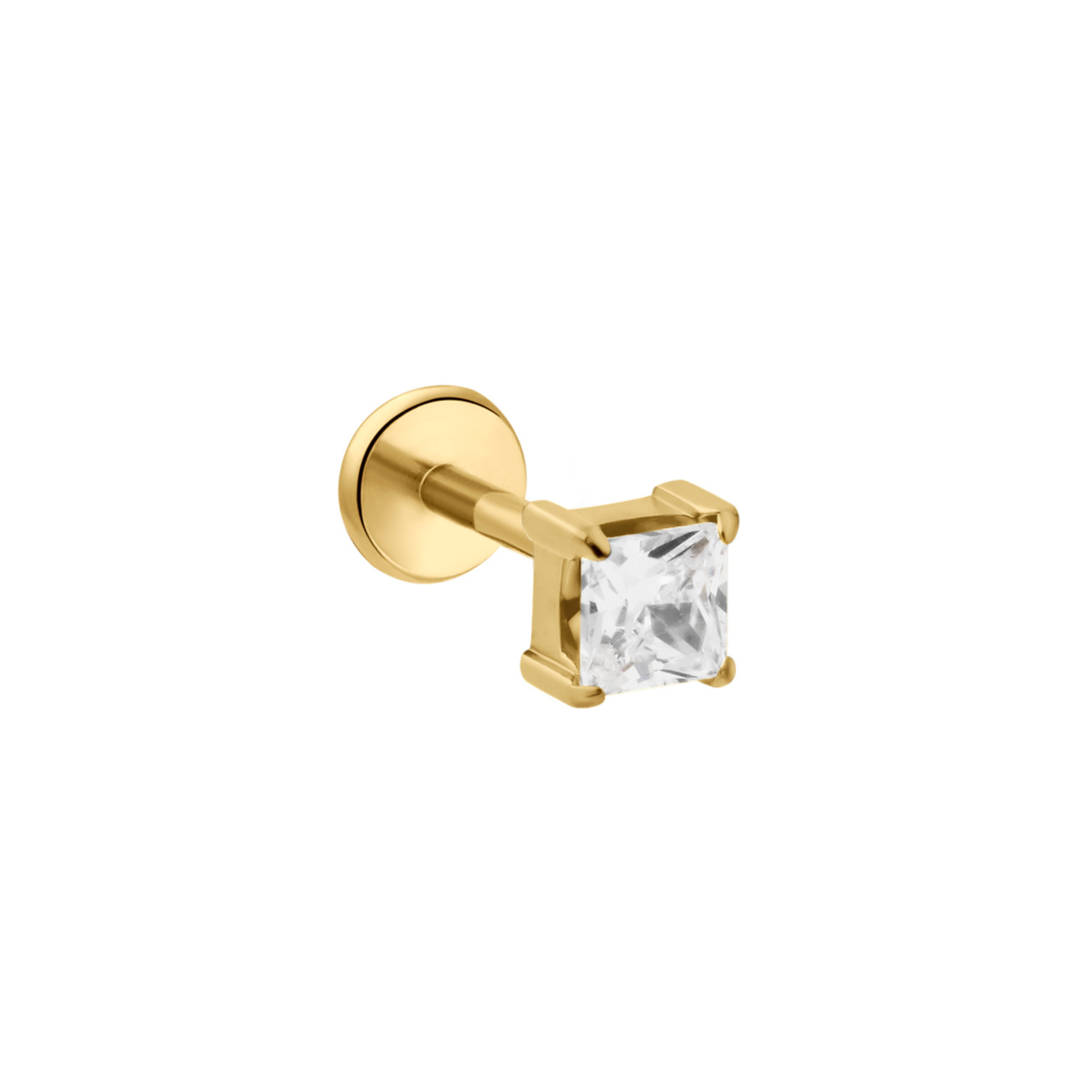 A single gold flat back labret stud earring featuring a clear, square-cut CZ stone in a prong setting, shown against a solid white background.