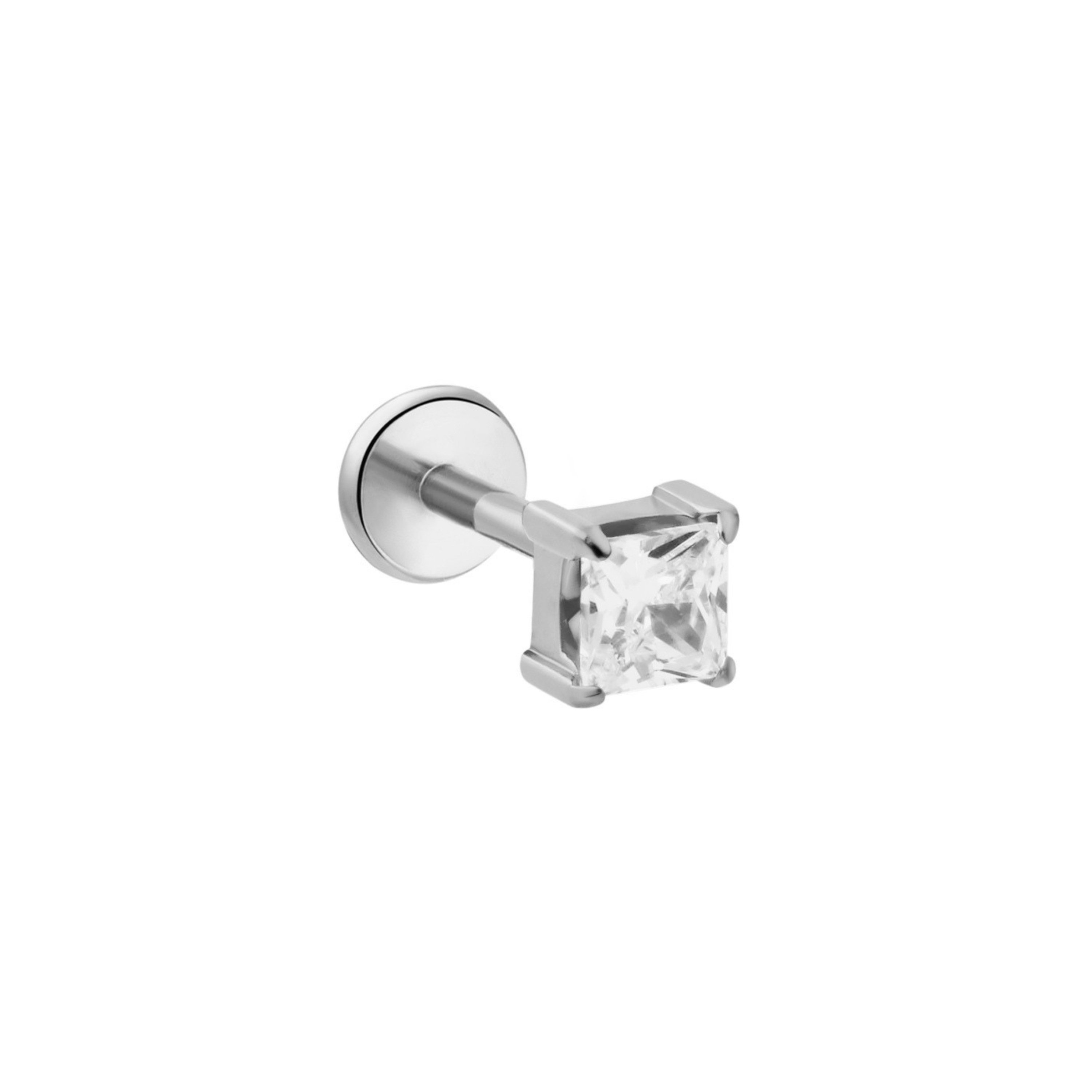 A single titanium silver flat back labret stud earring featuring a clear, square-cut CZ stone in a prong setting, shown against a solid white background.