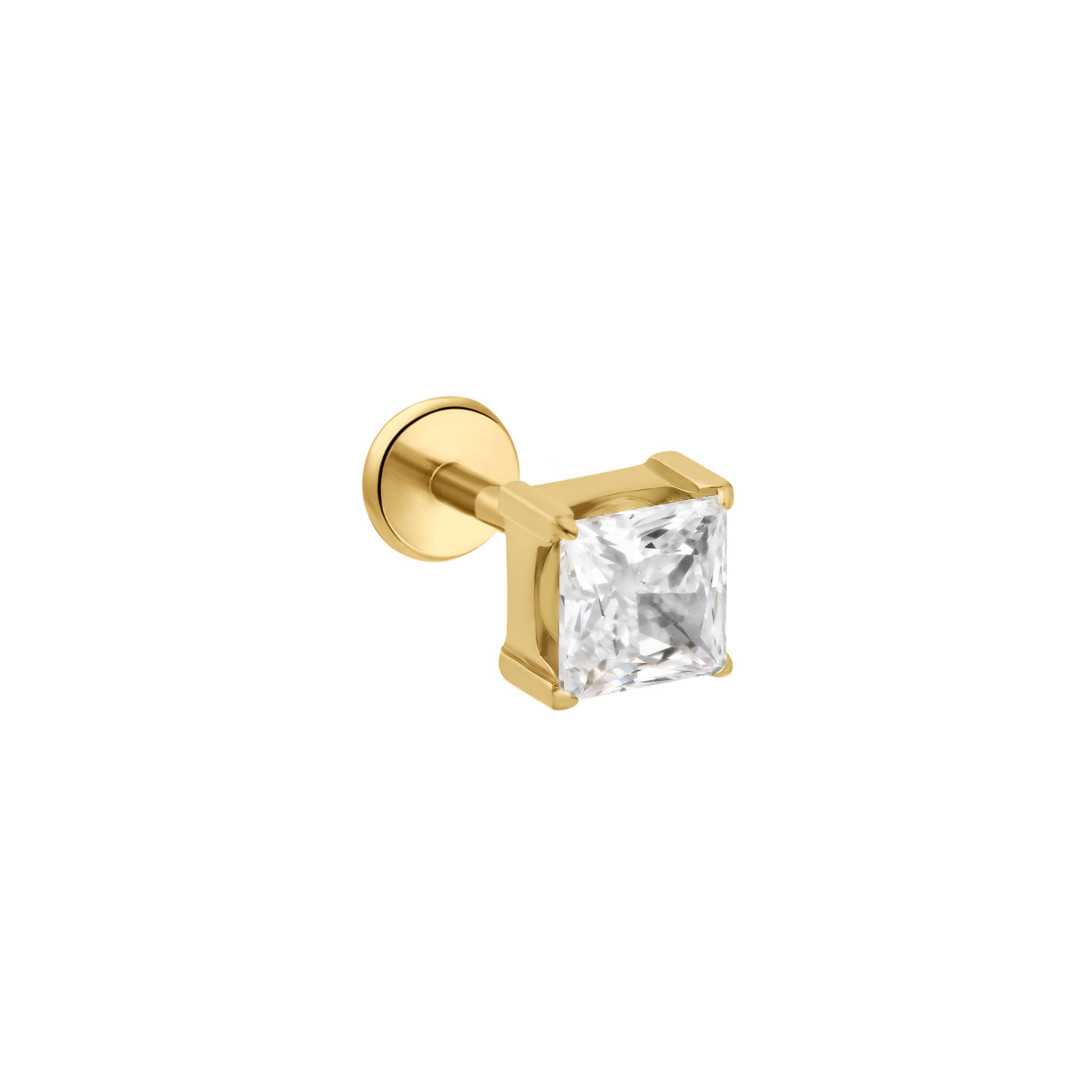 A single gold flat back labret stud earring featuring a clear, square-cut CZ stone in a prong setting, shown against a solid white background.