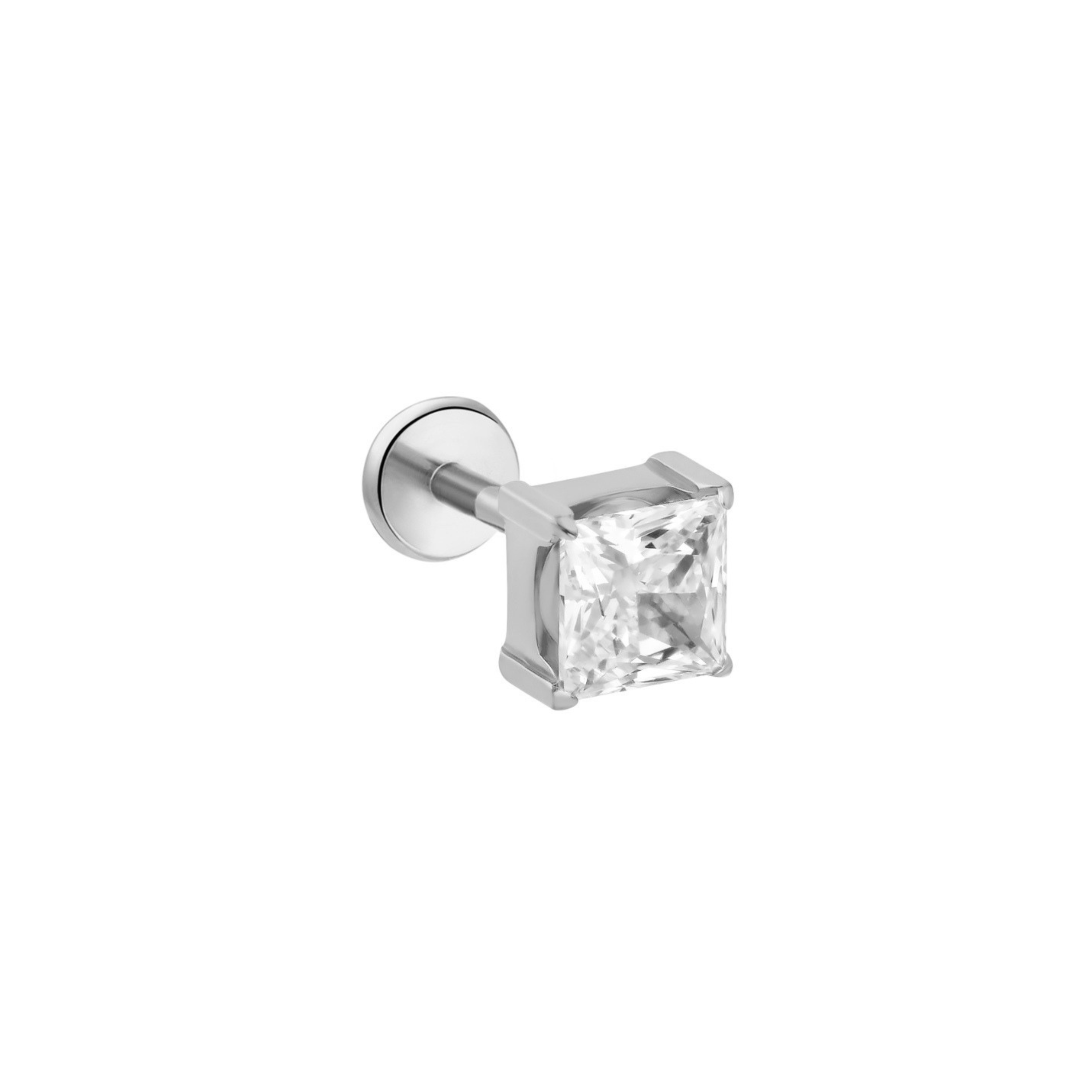 A single titanium silver flat back labret stud earring featuring a clear, square-cut CZ stone in a prong setting, shown against a solid white background.