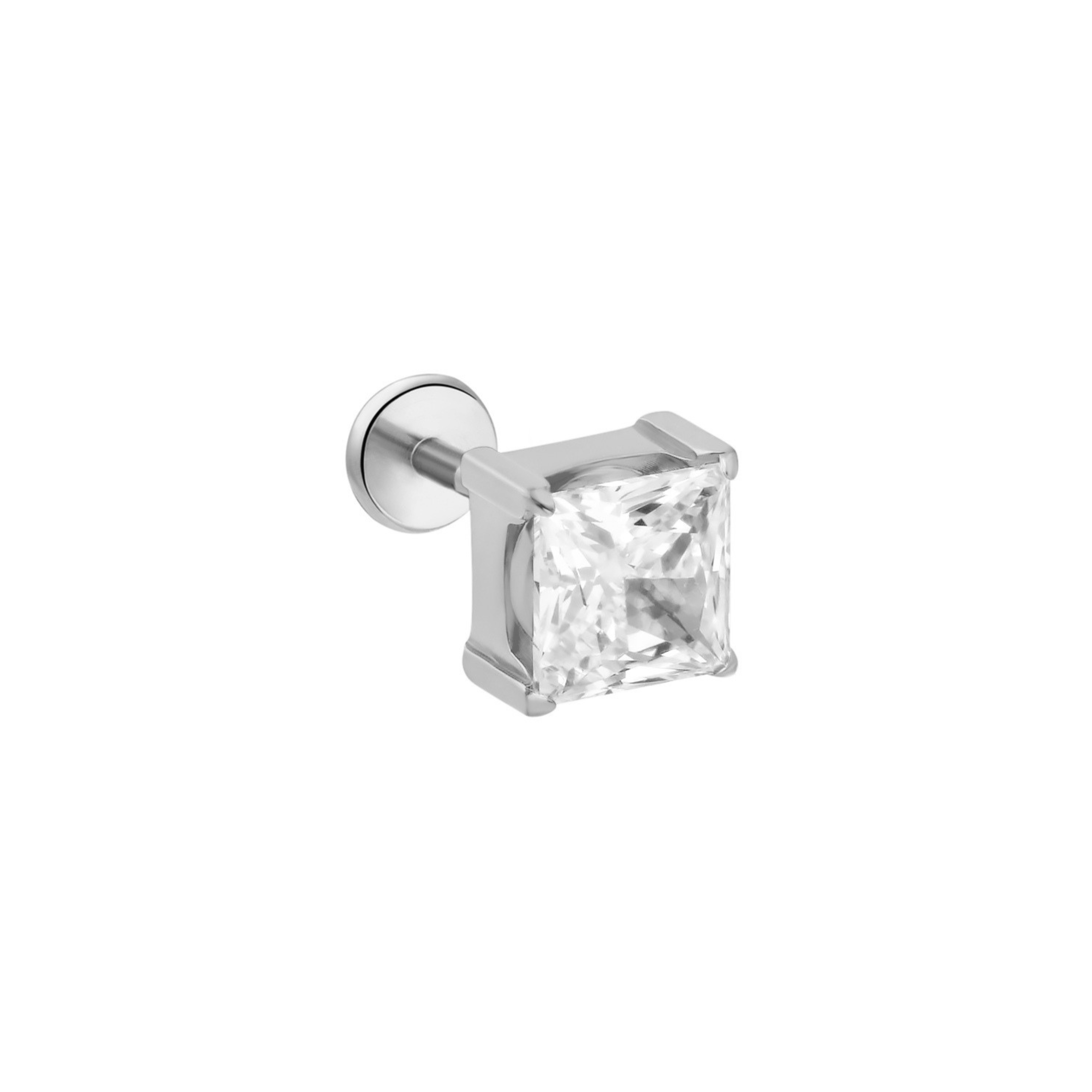 A single titanium silver flat back labret stud earring featuring a clear, square-cut CZ stone in a prong setting, shown against a solid white background.