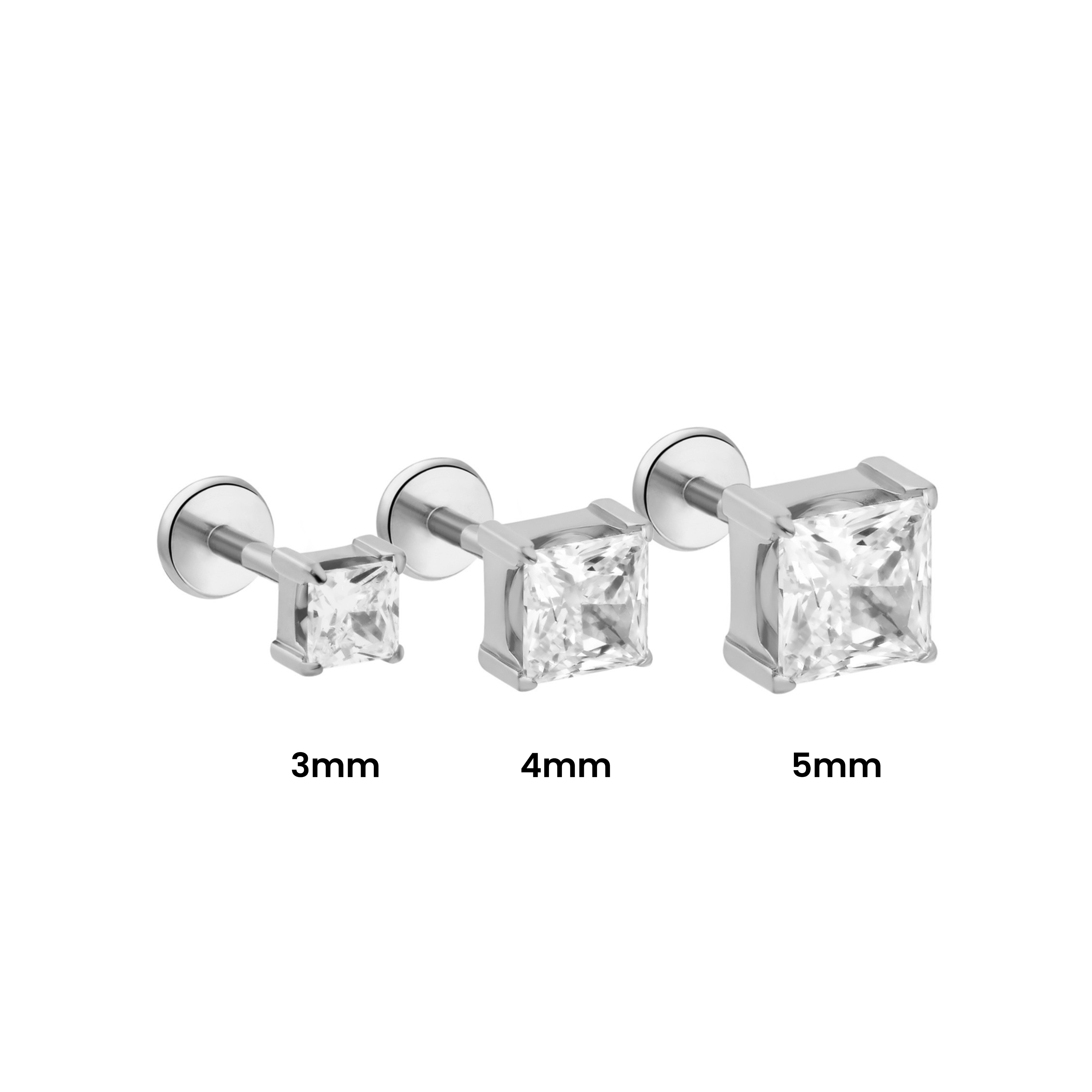 Comparison of sizes for three square-cut, silver titanium flat back labret studs. It features 3mm, 4mm, and 5mm stone size options, shown against a solid white background.
