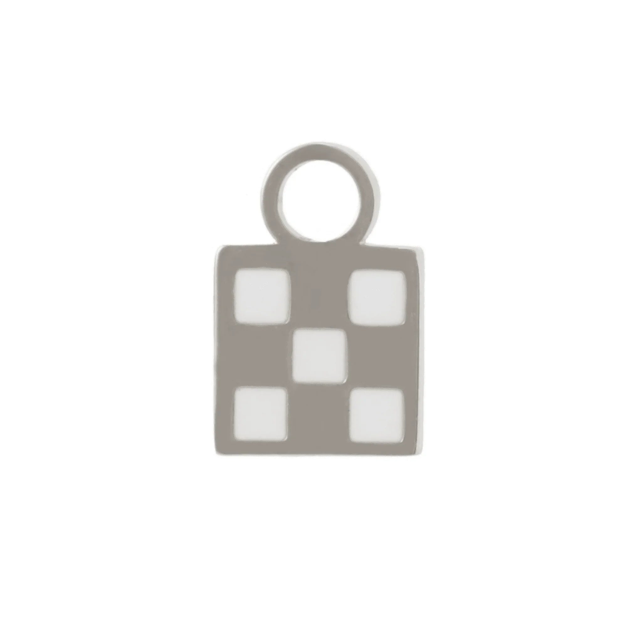 Silver charm with a  checkered white enamel design on a white background