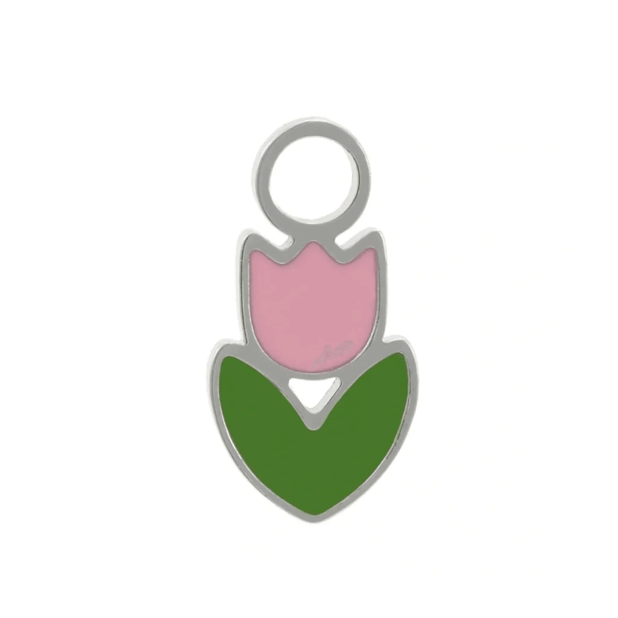 Enamel silver hoop charm with pink tulip and green leaf on a white background
