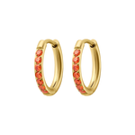 Gold hoop earrings with orange gemstones on a white background
