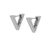 A pair of silver-colored hypoallergenic polished stainless steel triangle hoop earrings.