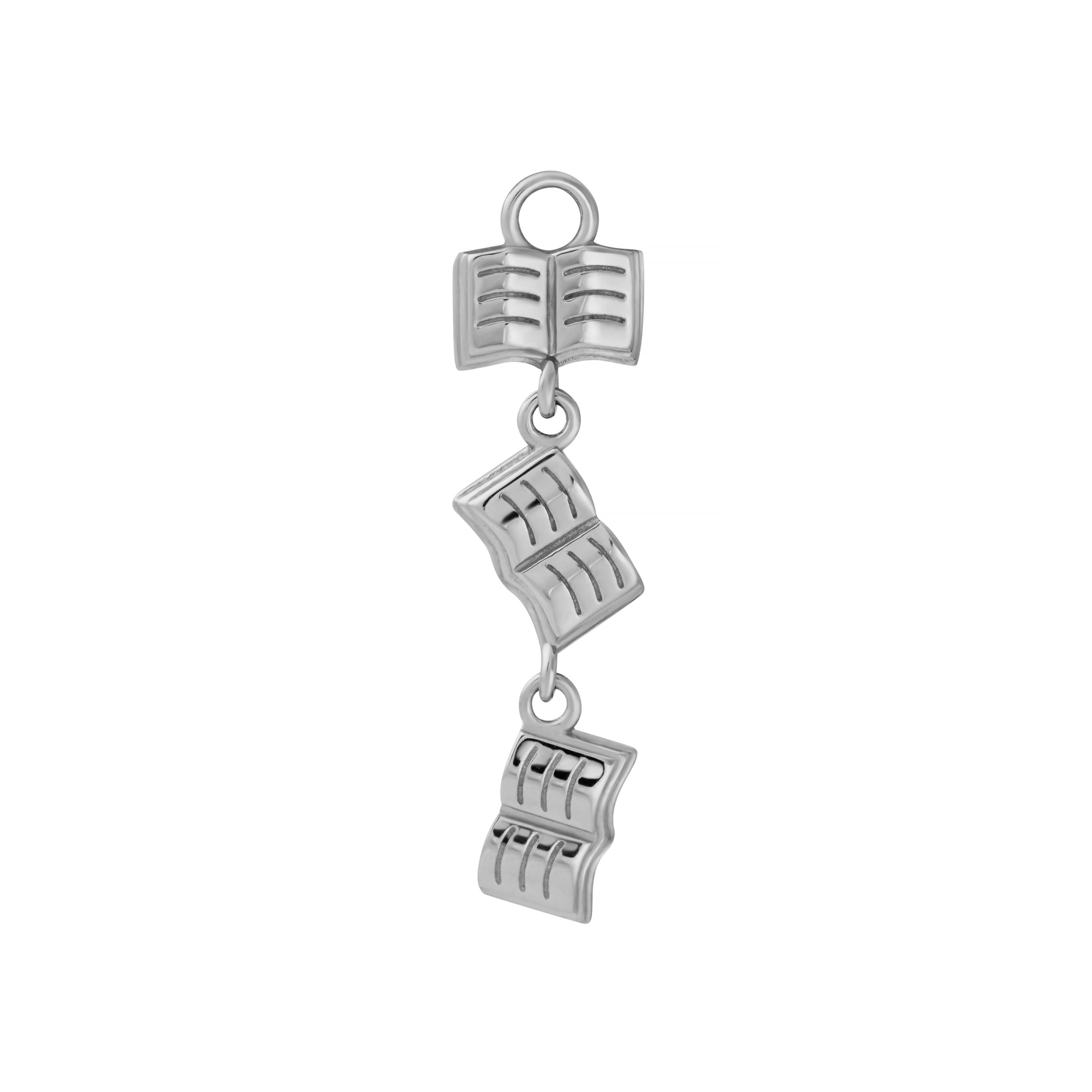 A silver charm featuring three dangling open book charms of varying directions, shown against a plain white background.