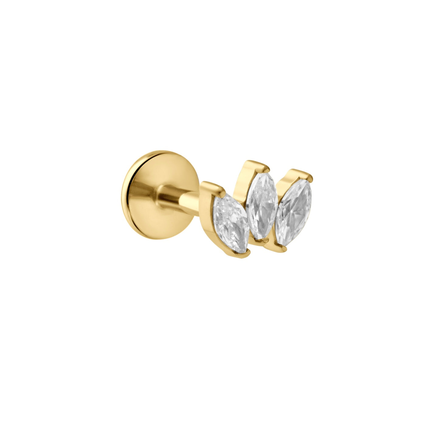 Gold earring with three clear marquise gemstones on a white background