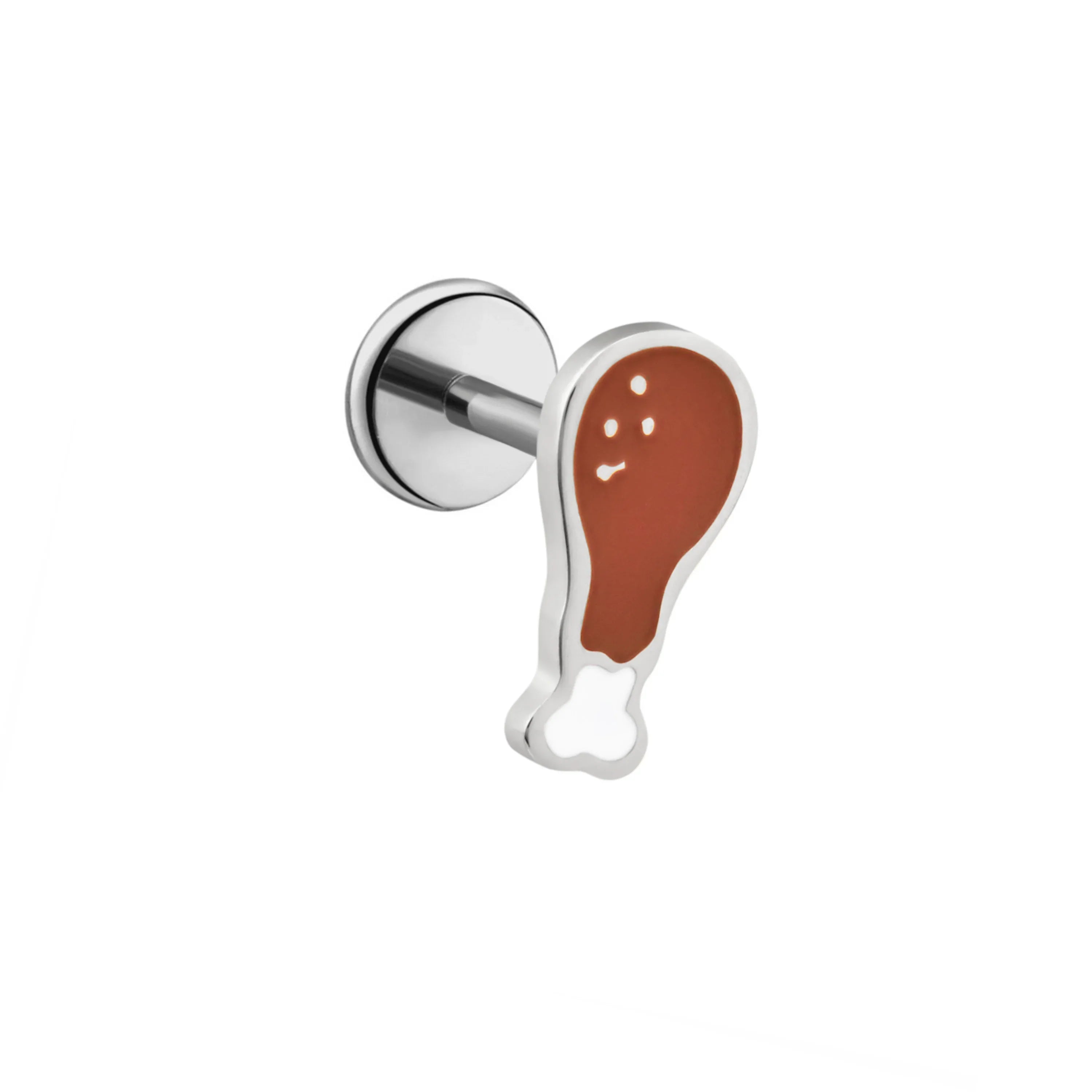 Titanium silver, white, and brown turkey leg-shaped flat back stud earring on a white background