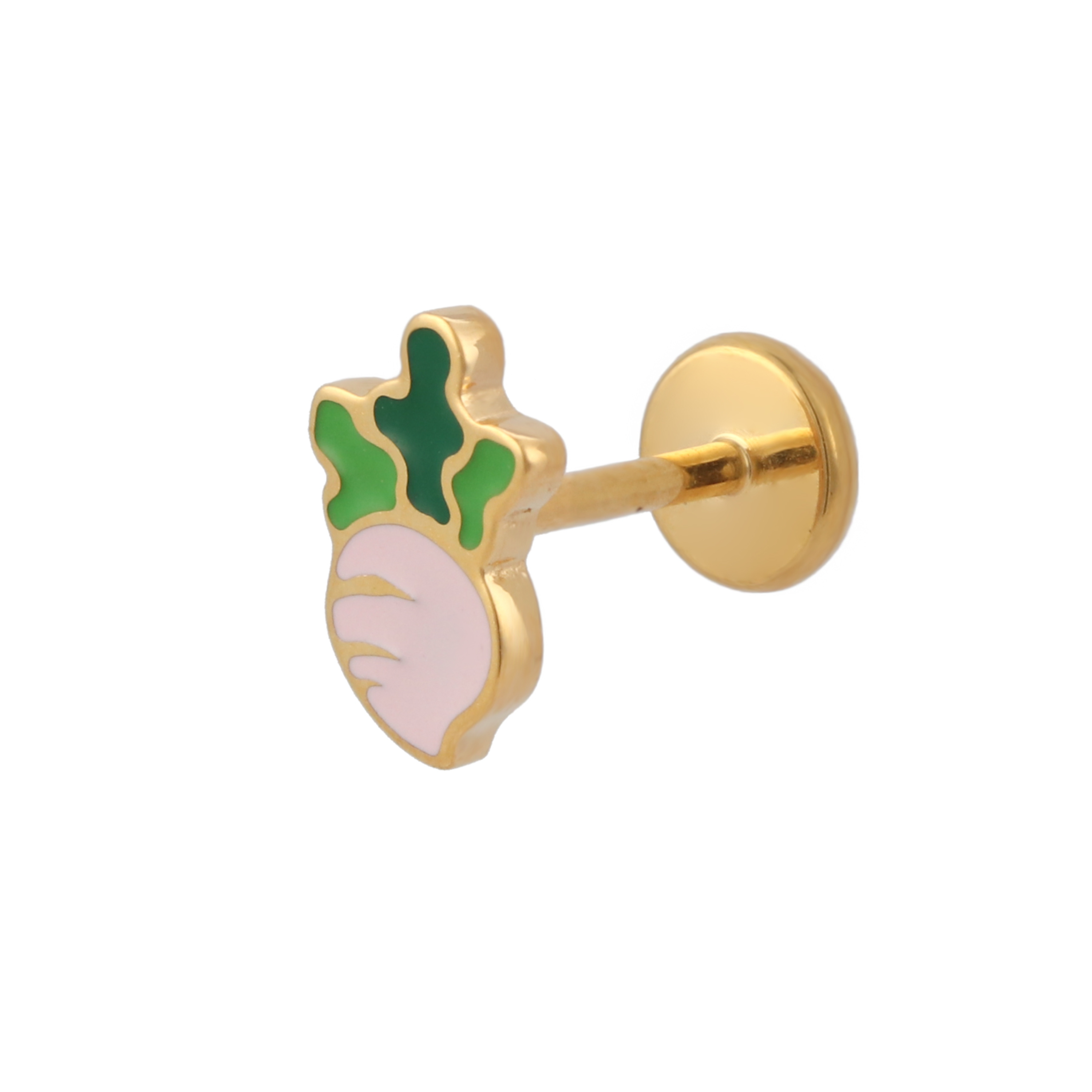 A close up of a turnip shaped flat back stud with blush pink enamel and gold-plated titanium metal. 