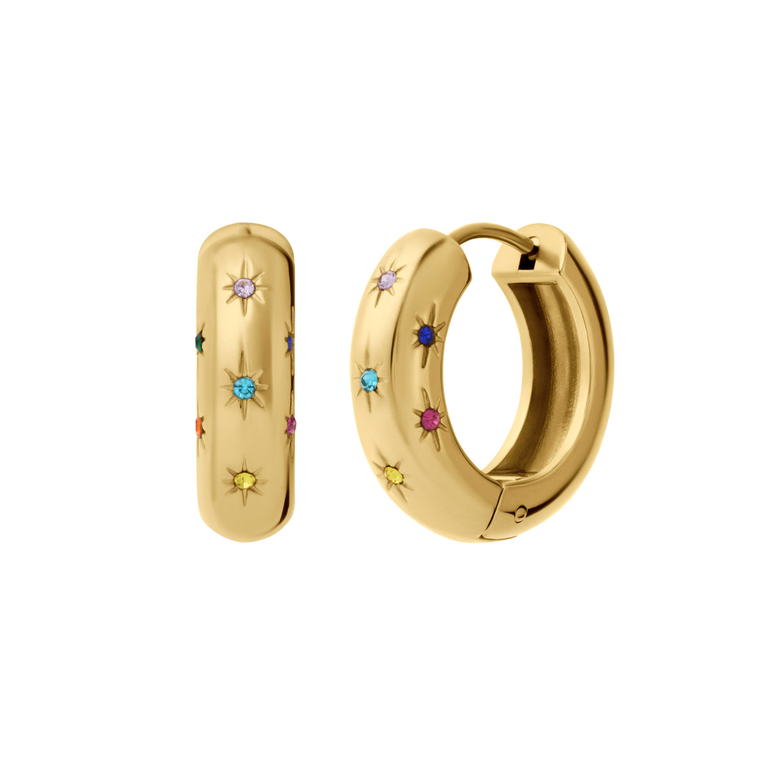 Gold hoop earrings with colorful gemstones on a white background
