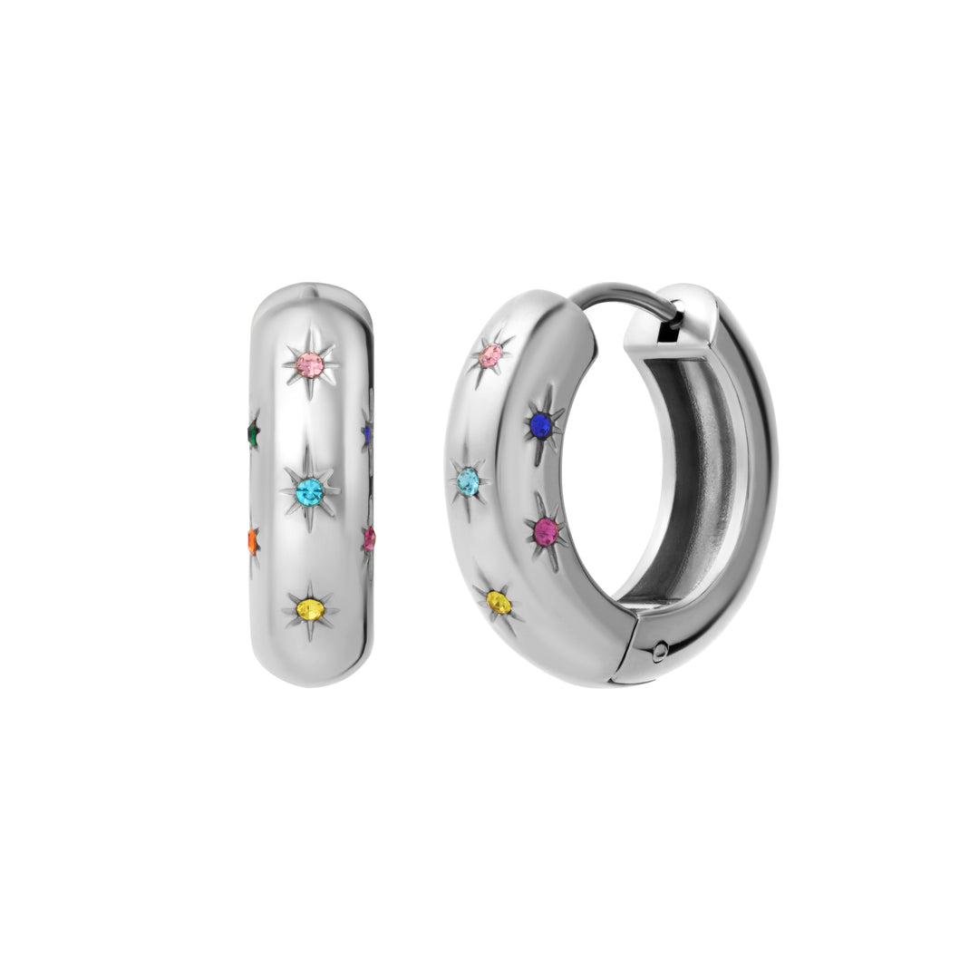 Silver hoop earrings with colorful gemstones on a white background