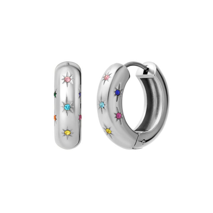 Silver hoop earrings with colorful gemstones on a white background