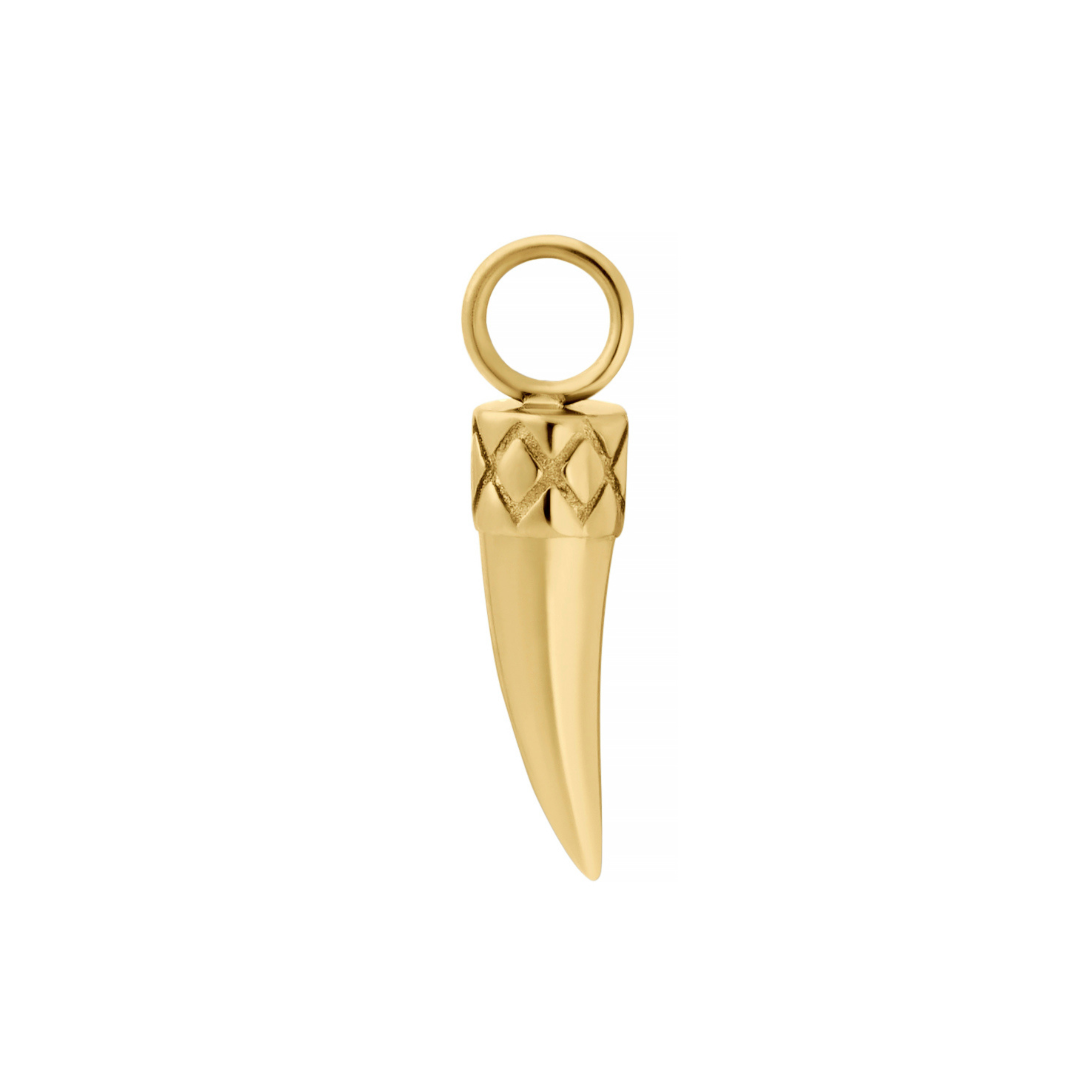 A polished gold hoop charm shaped like a stylized animal claw  or vampire fang with a textured wrap around the base and a circular loop at the top, shown on a plain white background.