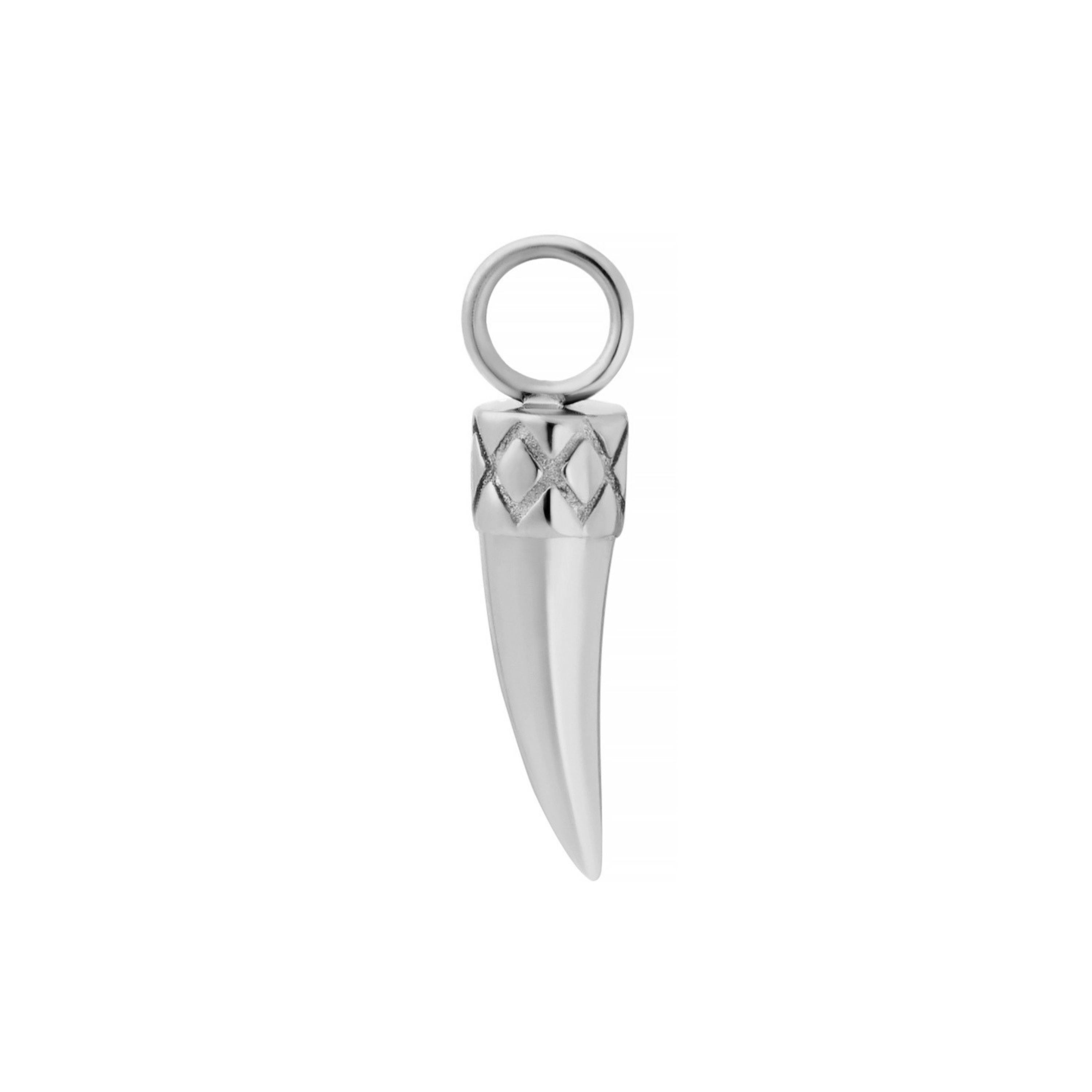 A silver metal hoop charm shaped like a stylized animal claw or a vampire fang with a textured band and a circular loop at the top, shown on a plain white background.