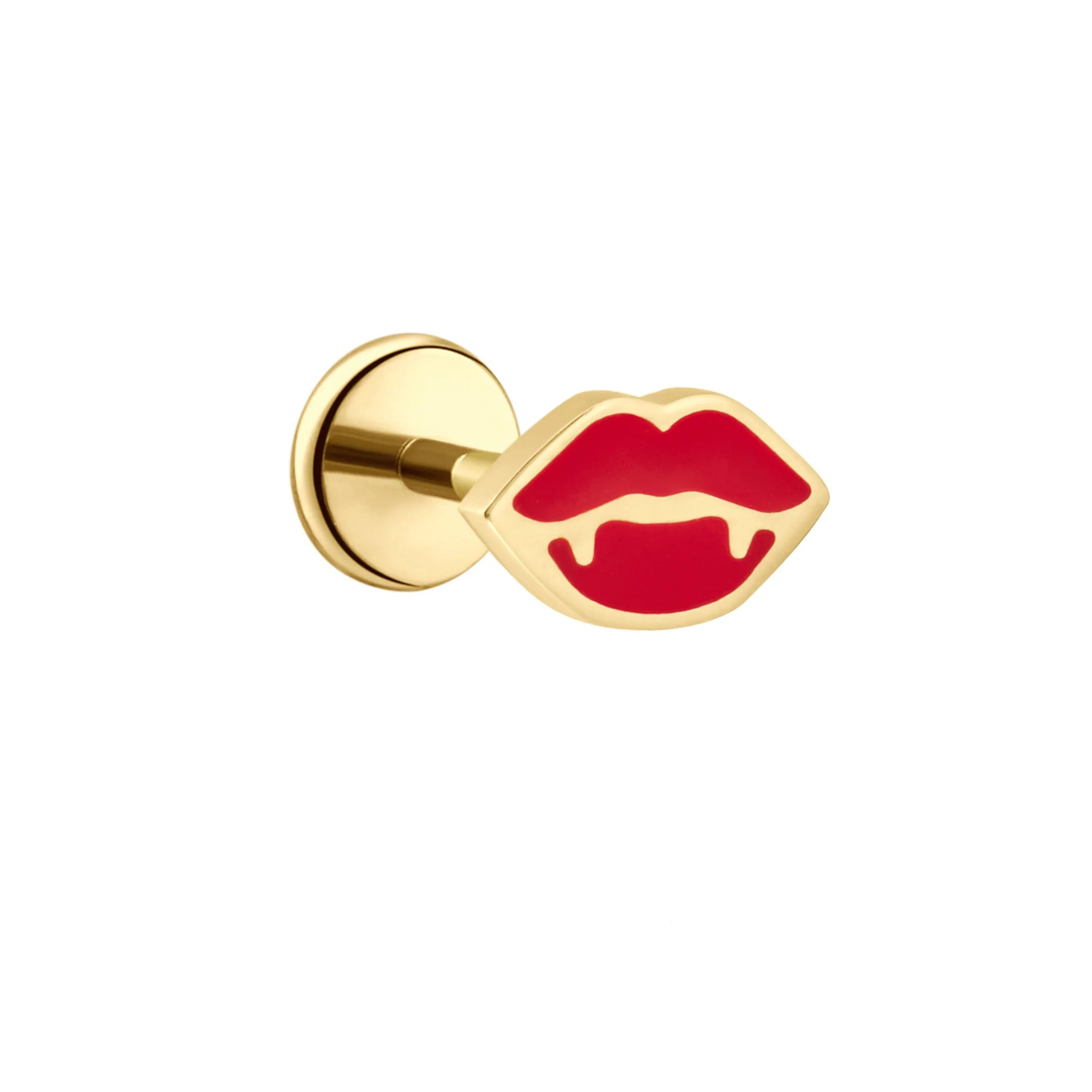 Gold flat back stud with a red enamel lips design and vampire fangs.