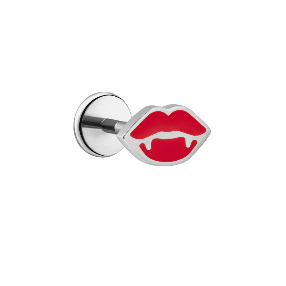 Silver flat back stud with a red enamel lips design and vampire fangs.