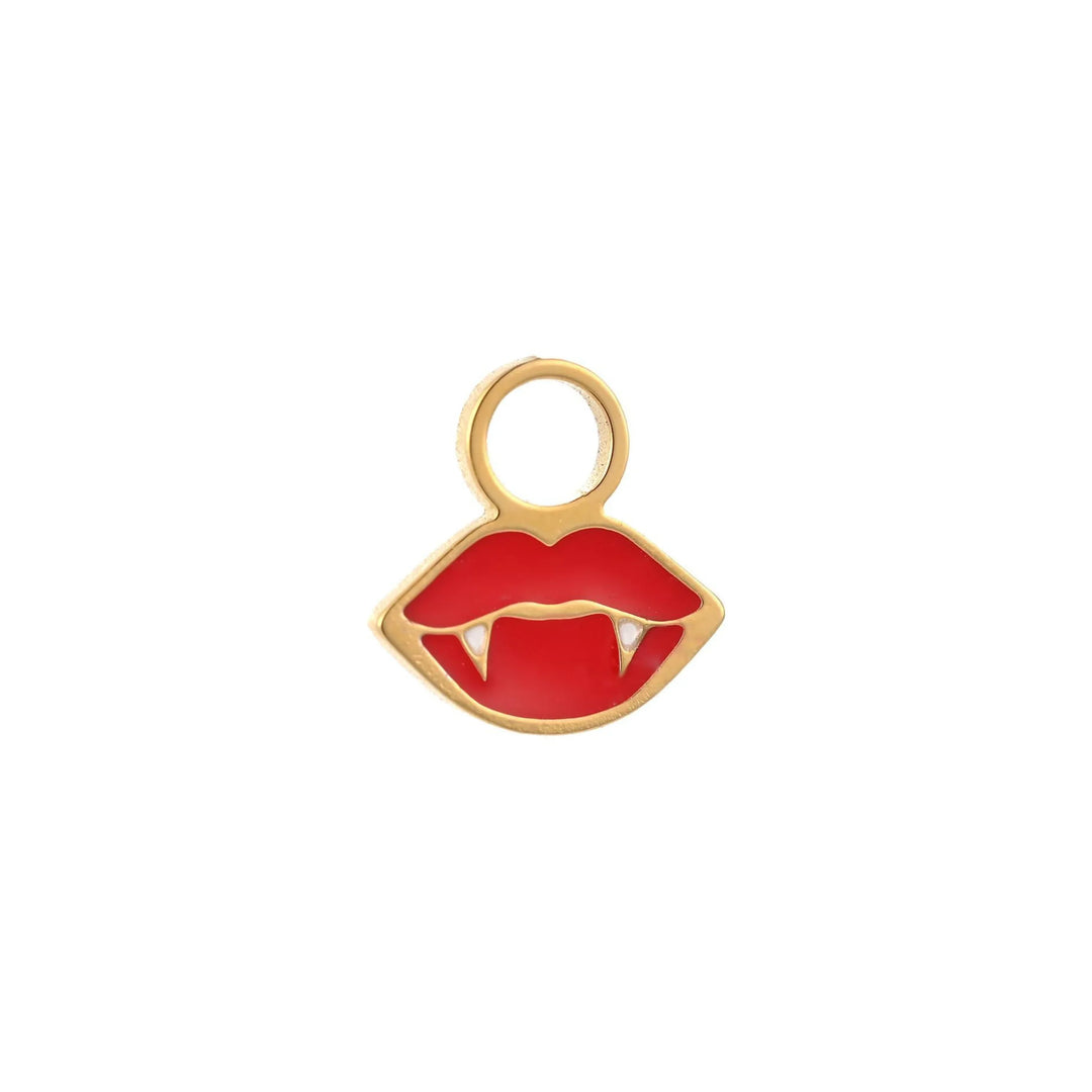 Gold hoop charm with red enamel lips and white fangs on a white background