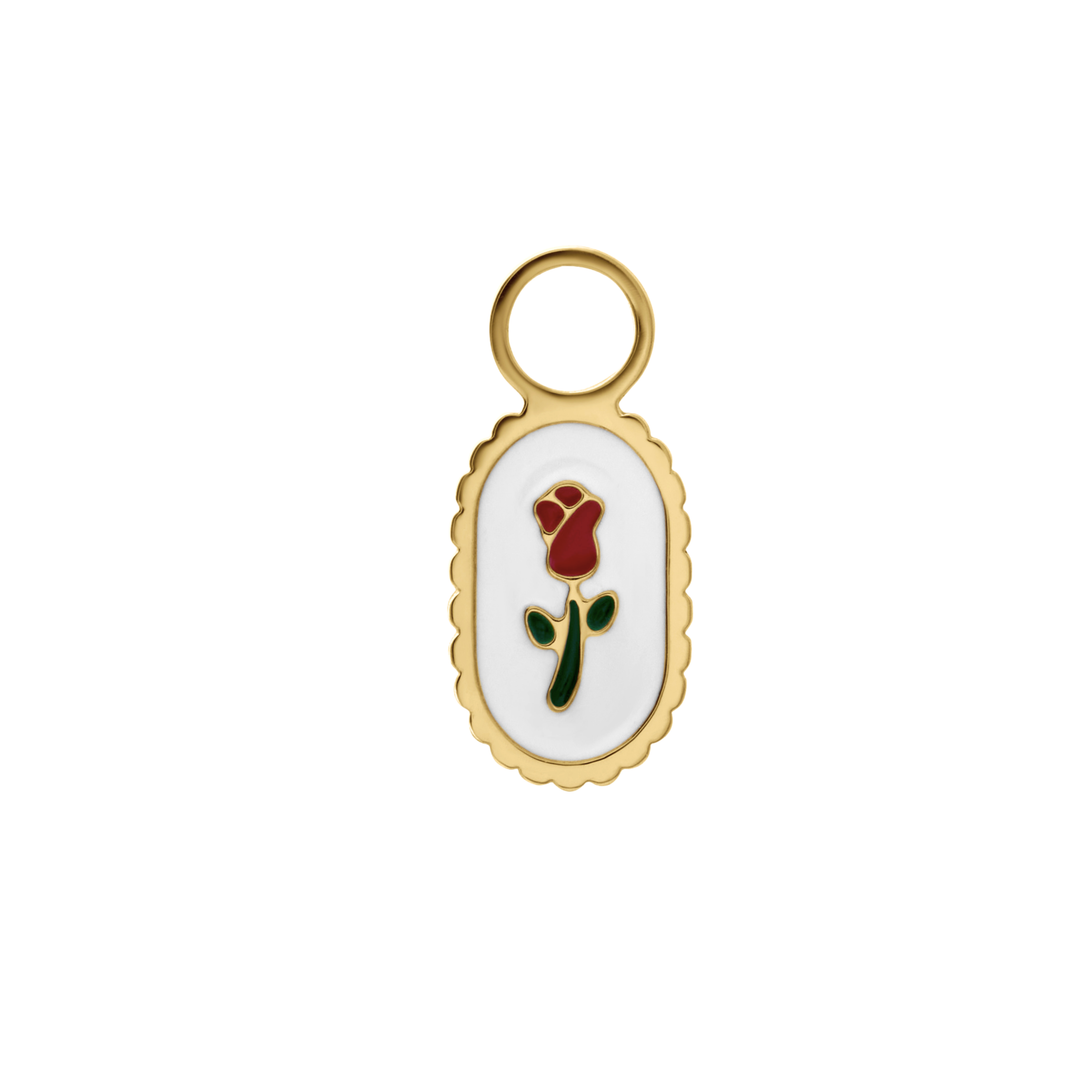 Gold pendant with a red rose design on a white background